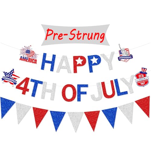 Image of Pre-Strung Happy 4th of July Banner Decorations, Patriotic Happy Fourth of July Blue Red Withe Garland Sign for Independence Day Memorial Day 250 Anniversary Party Celebration Home Office Mantel