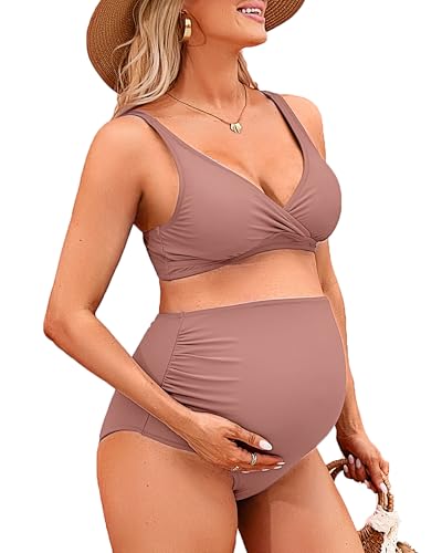 Charmo High Waist Maternity Swimsuits Two Piece Ruched Push Up Swimwear V Neck Bikini Set Pink