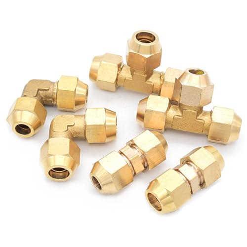 Ziluao Qinlu-Brass Connector Hose Fitting Tube OD 6/8/10/12/14mm Flared Copper Pipe Fittings Brass Connector Fitting Air Tool Fitting with Nuts, Corrosion Resistance(L,Tube OD 8mm)