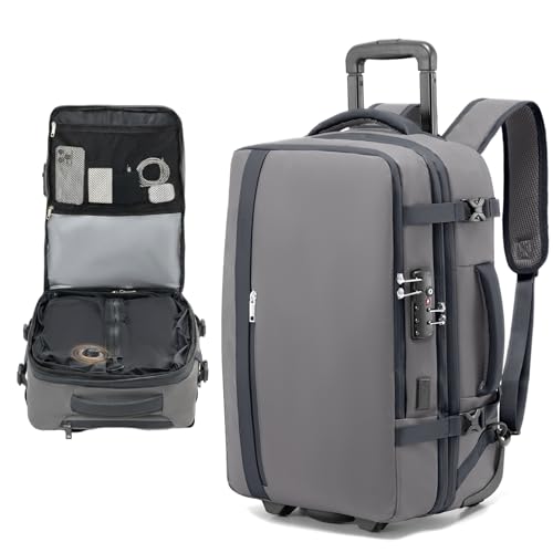 Fanwoli Rolling Vacuum Backpack Travel with One-Button Compression, Expandable Carry-On Suitcase Luggage, Approved TSA Lock & Water-Proof Laptop Compartment for Outdoor/Family/Business Trips