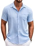 COOFANDY Blusa Varonil estío Manga Breve Tela Suave diseño Hawaiano Tiempo Libre Bolsillo Superior Azul Claro XL