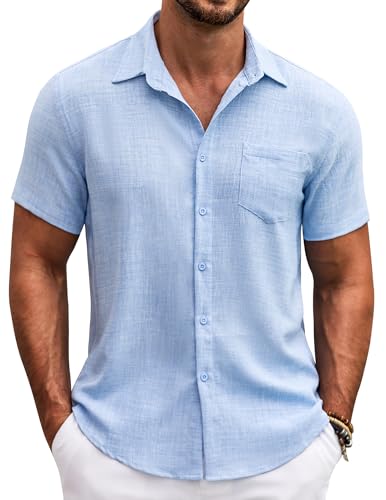 COOFANDY Herren Hemd Sommer Kurzarm Männer Hemden Leichtes Regular Fit Hawaii Freizeithemden mit Brusttasche Hellblau L