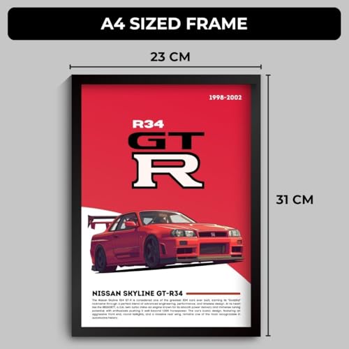 Image of Nissan GTR R34 Poster | Framed Poster of Nissan Godzilla A4 Sized (31 x 23 cm) | JDM Car Posters for Wall, Supercar Frame | R34 GTR Supercar Frames | Car Posters for Wall, Bedroom, Hostel, Study Room (F 055)