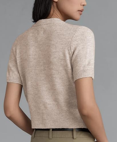 Image of Aimiray Women's Cable Short Sleeve Cardigans Sweater Button Down Lightweight Cropped Casual Ribbed Knitted Tops(Beige-M)