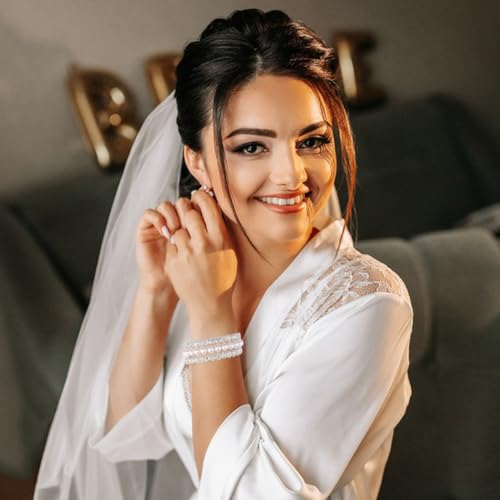 Pearl Rhinestone Bracelet Silver Layered Bracelets for Women Vintage White Pearl Bracelet Adjustable Open Bangle for Wedding3