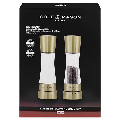 Image of Cole & Mason Derwent Matt Gold Salt and Pepper Mills, Adjustable Grind Settings, Gourmet Precision+, Stainless Steel /Acrylic, 190 mm, Gift Set, Includes 2 x Salt and Pepper Grinders