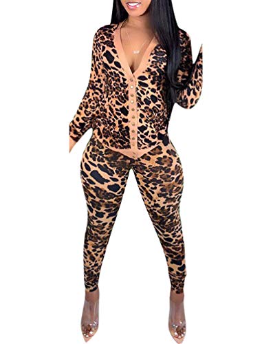 Remelon Womens Leopard Print Long Sleeve V Neck Buttons Cardigan Top Bodycon Long Pants Set 2 Piece Outfits Jumpsuits Coffee XL