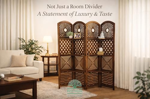 Image of Wooden Room Divider 6 Feet, 4-Panel Folding Wooden Partition for Living Room, Office, Pooja Room, Restaurant, Kitchen & Balcony (2W x 1.82H Meters). (Natural Brown- Shelves)