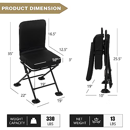 GYMAX Hunting Chair, 360 Degree Swivel Hunting Seat w/Oversized Rotating Duck Feet & Camo Padded Cushion, 330 LBS Waterproof Rustproof Folding Ground Blind Hunting Stool for Outdoors (Black)