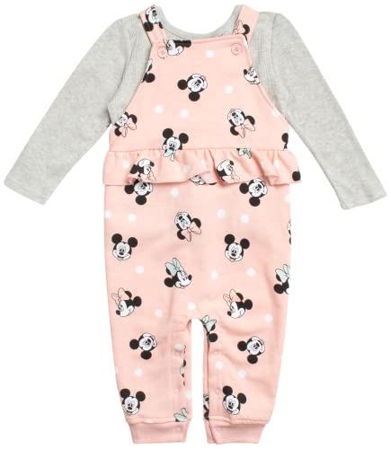 Disney Baby Girls' Minnie Mouse 2 Piece Overall Set - Fleece Romper Long Sleeve T-Shirt Set (Newborn/Infant), Size 24M, Minnie Coral
