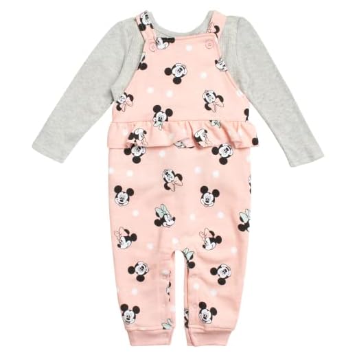 Disney Baby Girls' Minnie Mouse 2 Piece Overall Set - Fleece Romper Long Sleeve T-Shirt Set (Newborn/Infant), Size 24M, Minnie Coral