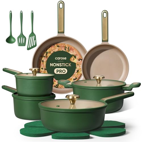 CAROTE Pots and Pans Set Non stick 18pcs NonStick Kitchen Set Induction Cookware Non-toxic Cooking Set Dishwasher/Oven Safe Cookware Set Green