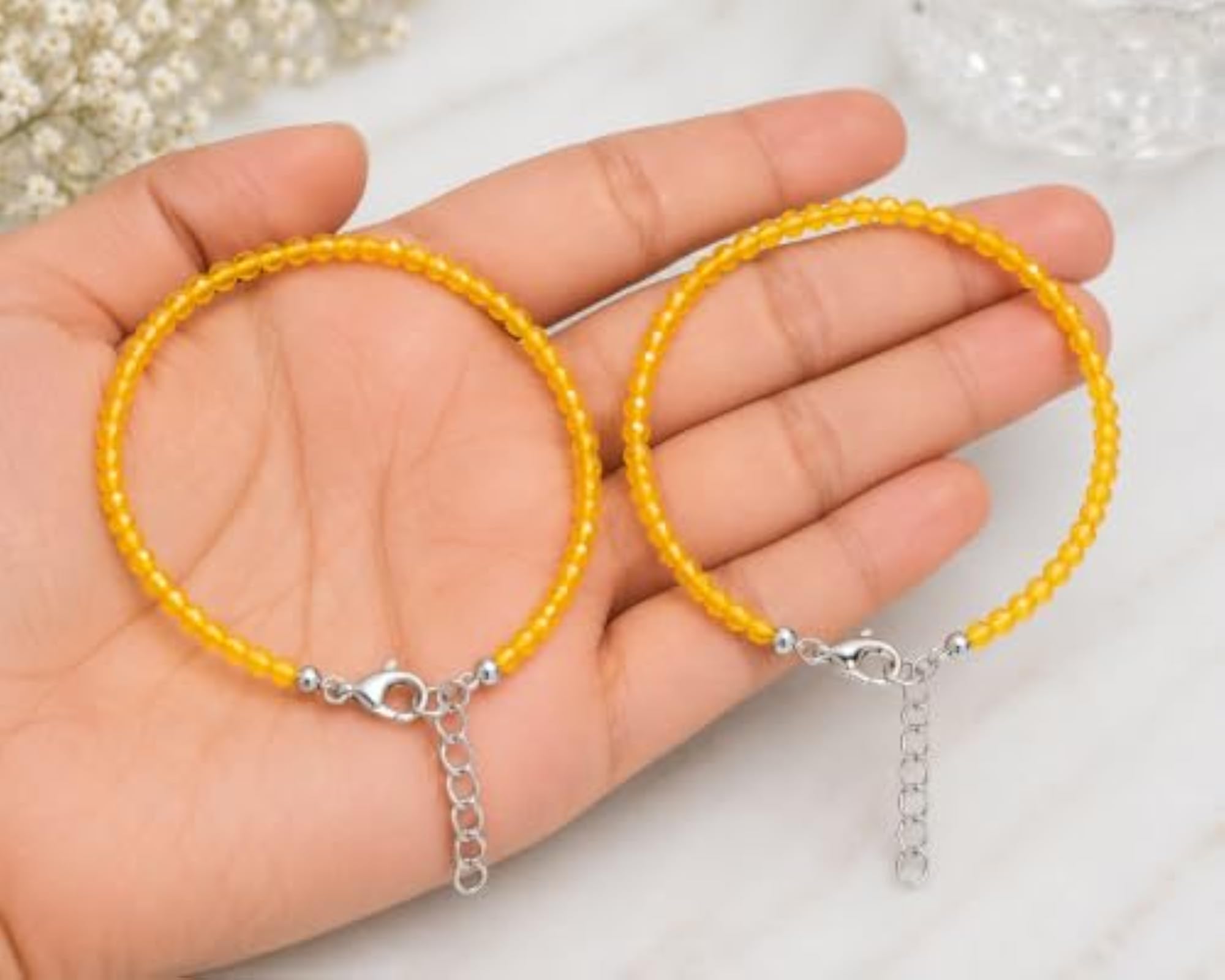 Women's 8 Inch Natural Yellow Jade Beaded Anklet, Adjustable Payal