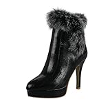  Birdsight Mode Bottine Femme Fourrure Cheville Courtes Hiver Ankle Botte Talon Aiguille Haut Zip Chaussures Eclair Chaud Winter Bootie Stiletto Sexy Grande Taille 11CM(Noir，45