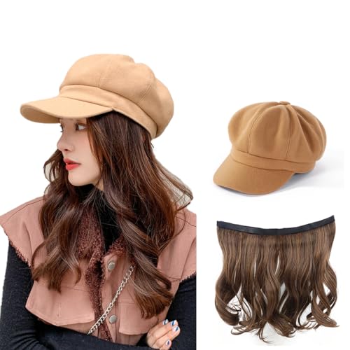 NOOFNO Gorro de otoño e invierno para mujer, sombrero con peluca adjunta, gorra de béisbol de lana, Sombrero [caqui] con pelo, S-M