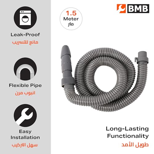 Lawazim Washing Machine Drain Pipe - 1.5m Flexible Grey Hose, Leak-Proof Design, Universal Fit Connector, Corrugated Anti-Kink Tube, Easy Installation, Durable Plastic Water Outlet Hose