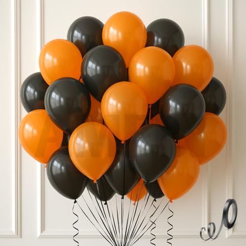 Image of AMFIN (Pack of 25) Halloween Party Balloons | Orange, Black Latex Balloons | Spooky Party Decorations for Birthday, Halloween, Events & Celebrations