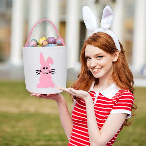Image of Huaerle 2 Pack Easter Bunny Basket Bags for Kids,Easter Bunny Basket Egg Bags, Easter Egg Hunt Basket with Handle,Canvas Fluffy Tails Rabbit Bags Buckets for Party Gifts(Pink+Purple)