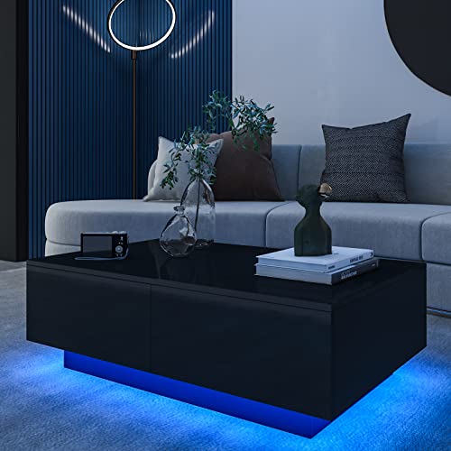 Woodyhome Led Coffee Tables For Living Room Black Coffee Table With Large Storage High Gloss Coffee Table With 16 Colors Led Lights And 4 Drawer Center Table Modern Home Furniture #TOP3