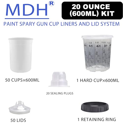 Image of MDH Disposable Paint Spary Gun Cup Set w / 50 Cups and Lids System / 20 Plugs /1 Hard Cup w /Retainer Ring for use Disposable Paint Spary Gun Cup Liners & Lid System (20 Ounce Cup Kit (600ml))