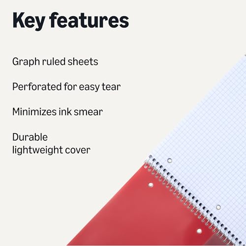 Image of Amazon Basics 4x4 Graph Ruled Spiral Notebook, Poly Cover, 100 Sheets, 9 inch x 11 inch, Coral, 3 pack