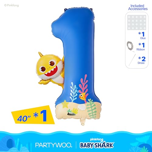 Image of PartyWoo Baby Shark Blue Foil Number 1 Balloon 40 Inch Blue Mylar Helium Birthday Number Balloons for Boys and Girls Baby Shark Under the Sea Ocean Theme Kids First Birthday Party Decorations