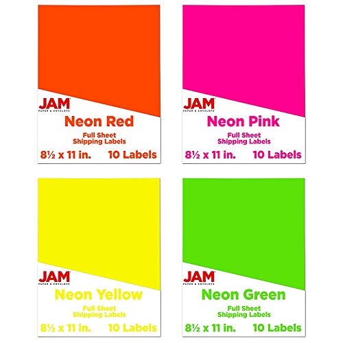 JAM PAPER Full Sheet Shipping Labels - Printable Sticker Paper - 8 1/2 x 11 - Assorted Neon Colors - 40 Pages/Pack