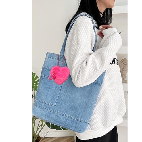 Image of Farm4Far Denim Cute Pink Plush Love Tote Shoulder Sling Hand Bags