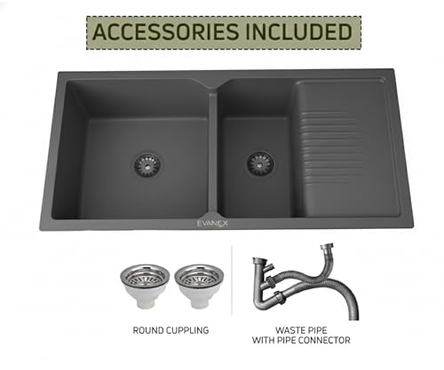 Image of EVANEX Quartz Sink for Kitchen|45x20x9 inch Double Bowl Kitchen Sink with Drain Board|Matt Finish|Grey Quartz Kitchen Sink with Sink Connector, Waste Pipe, Coupling and Drain Basket
