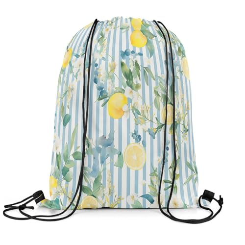 jejeloiu Lemon Drawstring Backpack 13x15.7inch Tropical Fruit Print Waterproof Gym Drawstring Bags Blue Striped Sports String Backpack Beach Swim Travel Bag Sackpack