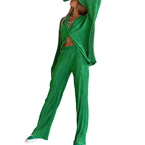 Women 2Pcs Casual Outfits Set Button Down Long Sleeve Shirt High Waist Pleated Pants Sets Streetwear Loungewear (Green, Large)