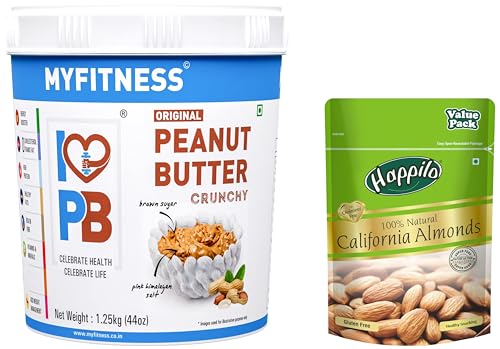 Image of Happilo 100% Natural Premium California Dried Almonds 500g Pack Pouch & MYFITNESS Original Peanut Butter Crunchy 1250g | 25g Protein to Boost Energy