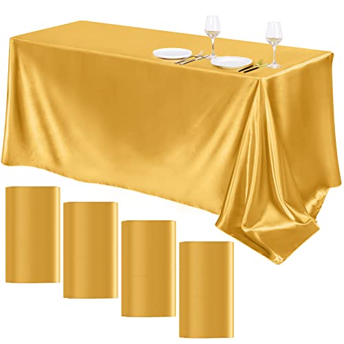 Turstin 4 Packs Satin Tablecloth 102 X 58 Inch Overlay Satin Table Cover Rectangle Bright Silk Tablecloth Smooth Fabric Table Decoration For Wedding Banquet Party Events, Gold #TOP16