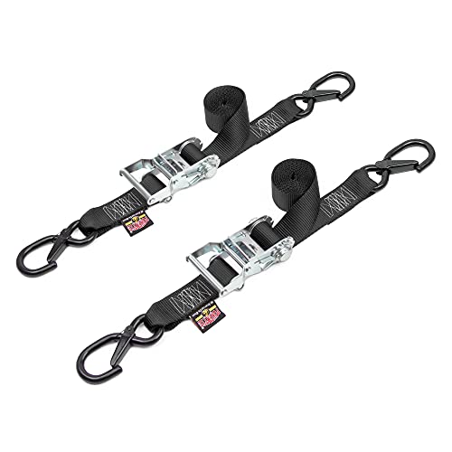 Powertye 1.5In X 6Ft Ratchet Tie-Downs With Latch Hooks - 1,000 Lb. Working Load Limit / 3,000 Lb. Breaking Strength - Made In Usa - Black (Pair) #TOP17
