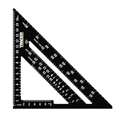 TRACER Speed Square 175 mm (7 pulgadas). Rafters Square con escalas métricas y de cadera y valle. Herramienta de marcado para techos y carpintería