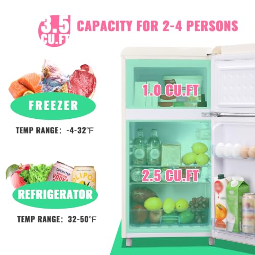 Image of DEMULLER 100L Retro Mini Fridge with Freezer Dual Doors & Handles Compact Refrigerator with 7 Thermostat Control Freestanding Small Fridge with LED Light Cream