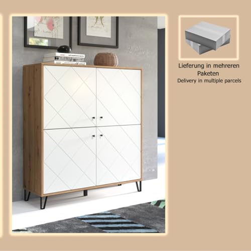 Foto von trendteam smart living - Touch - Sideboard - Weiß/Eiche - Highboard mit 4 Türen und 3 Einlegeböden - Fronten mit dekorativer Fräsung - (BxHxT) 123 x 136 x 40 cm - extravagante schwarze Metallfüße