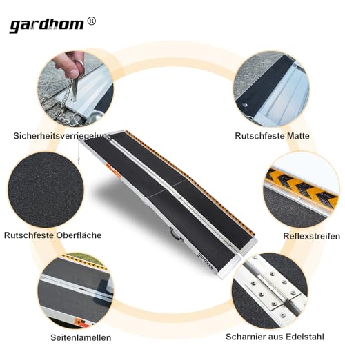 Rollstuhlrampe 213,5CM, gardhom Max. 362KG Ladekapazität Anti-Rutsch Alu Klapprampe für Rollstuhlfahrer oder Rollator, Schwellenrampe für Heimtreppen Treppen Türen Mobilitätsroller