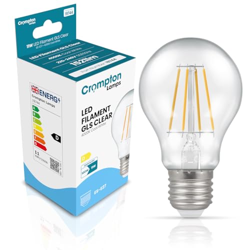Crompton Lamps Filament GLS LED Light Bulb ES-E27 | 11W = 100W Equivalent | Cool White 4000K | Energy Efficient | Edison Screw Lightbulb | Long Life 15,000-Hrs | Clear Glass | Dimmable