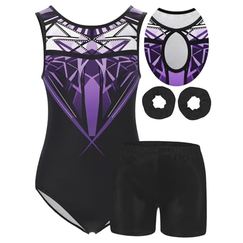 MOLLDAN Girls Gymnastics Leotard Athletic Biketard Unitard Tumbling Activewear Outfits for kids(No diamond) Cyberpunk-purple Set 8Y(8-9 Years)