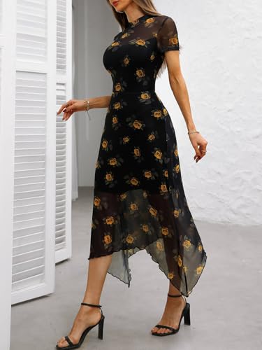 Image of GothDark Women's Wedding Guest Floral Print Vintage Goth Dress Mesh Spliced Double-Layered Irregular Hemline Midi Dresses