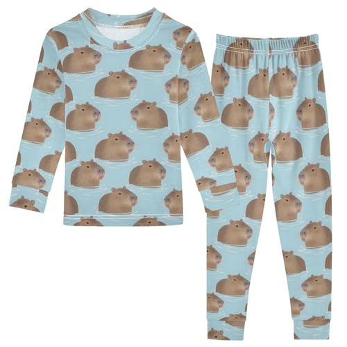 Capybara Water Pattern Cute Pajama Sets Long Sleeve Top and Pants, Snug Fit Sleepwear for Night Wears