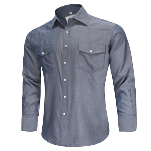 COEVALS CLUB Men's Denim Western Cowboy Pearl Snap Casual Button Down Up Long Sleeve Soild Work Shirts(4# Denim Blue M)