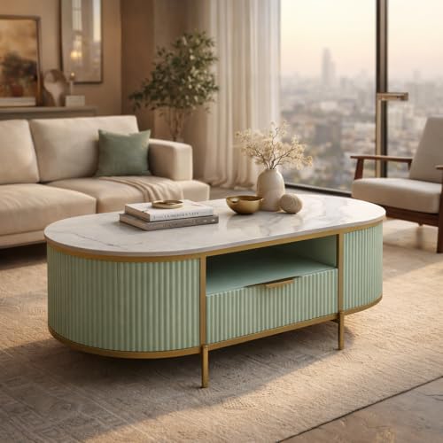 Image of Monaco Coffee Table | Premium Sintered Stone Top Center Table for Living Room | Sage Green with Gold Finish | 110 x 60 x 45 cm