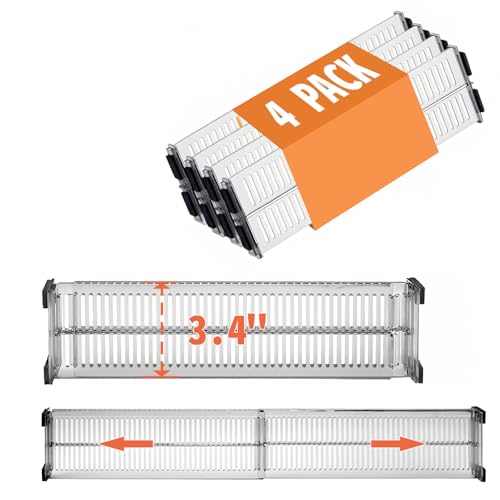 Kalimdor Drawer Dividers 4 Pack 3.4" High, 11-21" Adjustable Dresser Drawer Organizers for Clothes, Clear Plastic Separators for Dresser,Kitchen and Office Organization and Storage