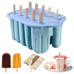 Ice Lolly Moulds with Sticks, 10 Cavity Reusable Silicone Popsicle Mould BPA Free Ice Pop Moulds Non-Stick Easy to Remove Ice Lolly Maker with 50pcs Popsicle Sticks for Kids Adult DIY Ice Cream (Blue)