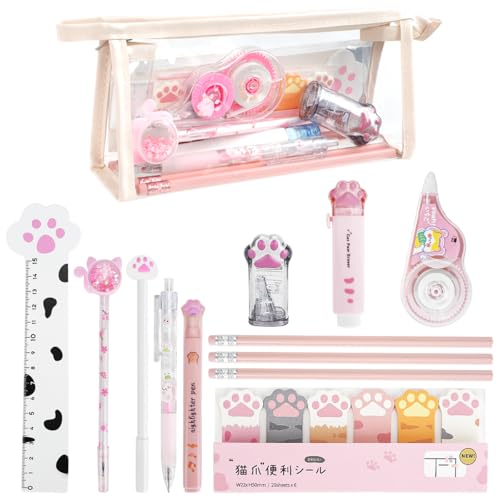 13 PCS Niedliche Katzenpfoten Pfote Schreibwaren Set, Kawaii Cartoon Mini Bleistiftspitzer Einziehbarer Radiergummi, Korrekturband, Punktierstifte, Lineal, Haftnotizen für Katzenliebhaber