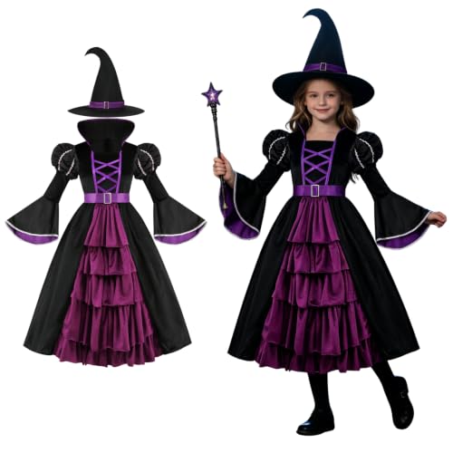 yolsun Purple Witch Costume for Girls Bubble Sleeve halloween Witch Dress for Kids (10-12 Years, Purple)