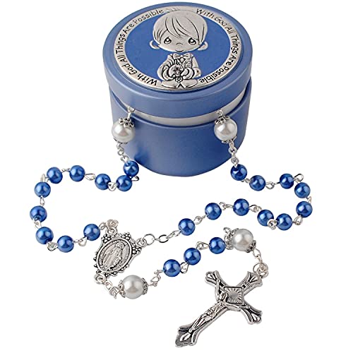 HanlinCC 6mm Glass Pearl Beads First Communion Catholic Rosary Necklace with Metal Gift Box