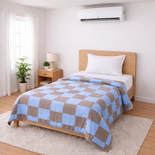 Image of Double Bed Dohar Earthy Blue Checkered | Lightweight Summer Quilt | Soft Microfiber AC Blanket | Breathable All Season Comforter | Skin Friendly Bed Cover
